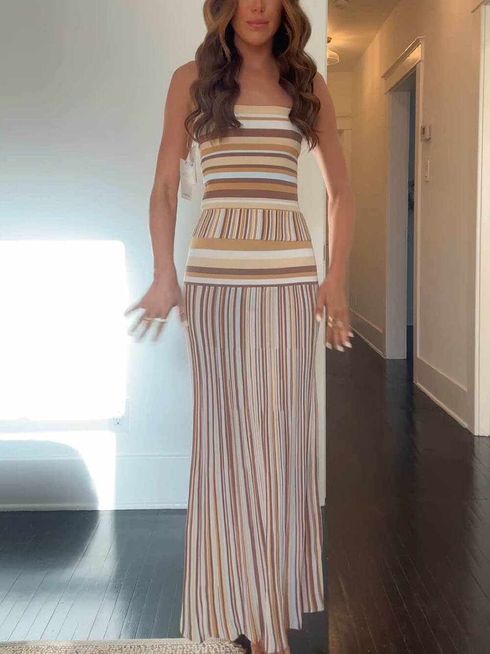 Exquisite Strapless Striped Printed Pleated Maxi Dress