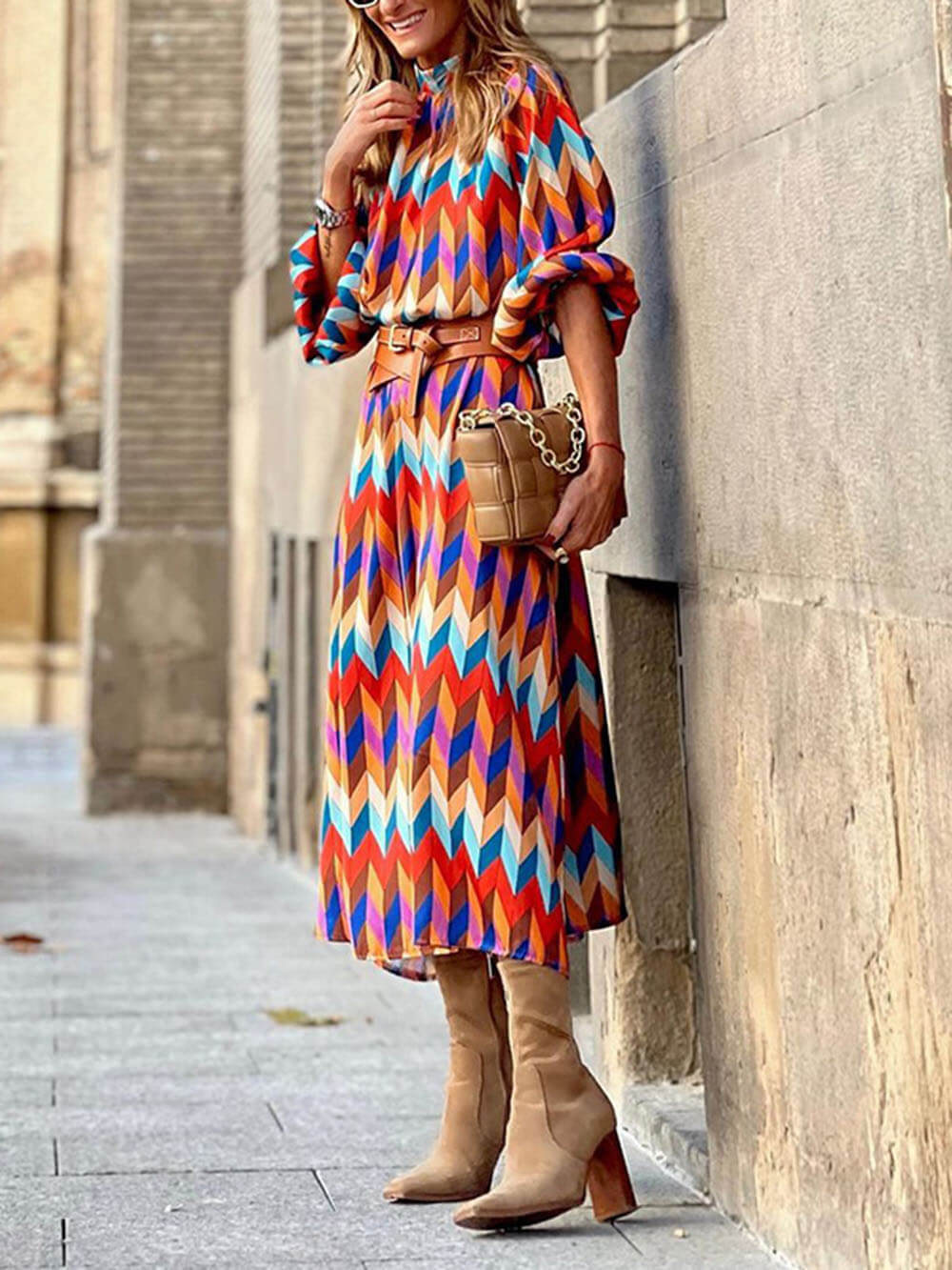 Fashionable And Unique Rainbow Print Stand Collar Long Sleeve Midi Dress