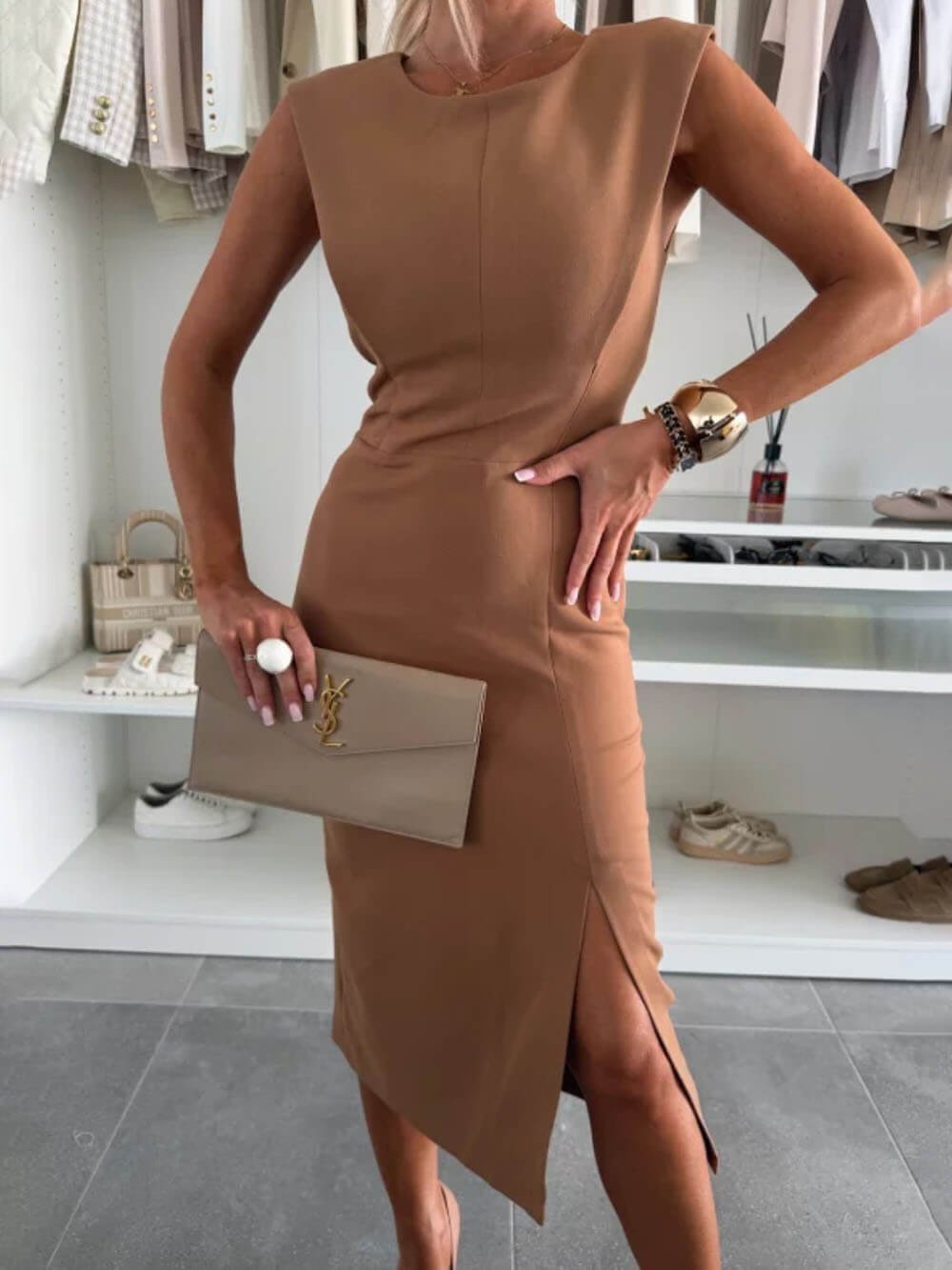 Elegant Charming Lady Round Neck Sleeveless Waisted Slit Stretch Midi Dress