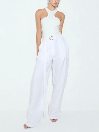 Exquisite Savina Linen Blend Pocketed Wide Leg Pants