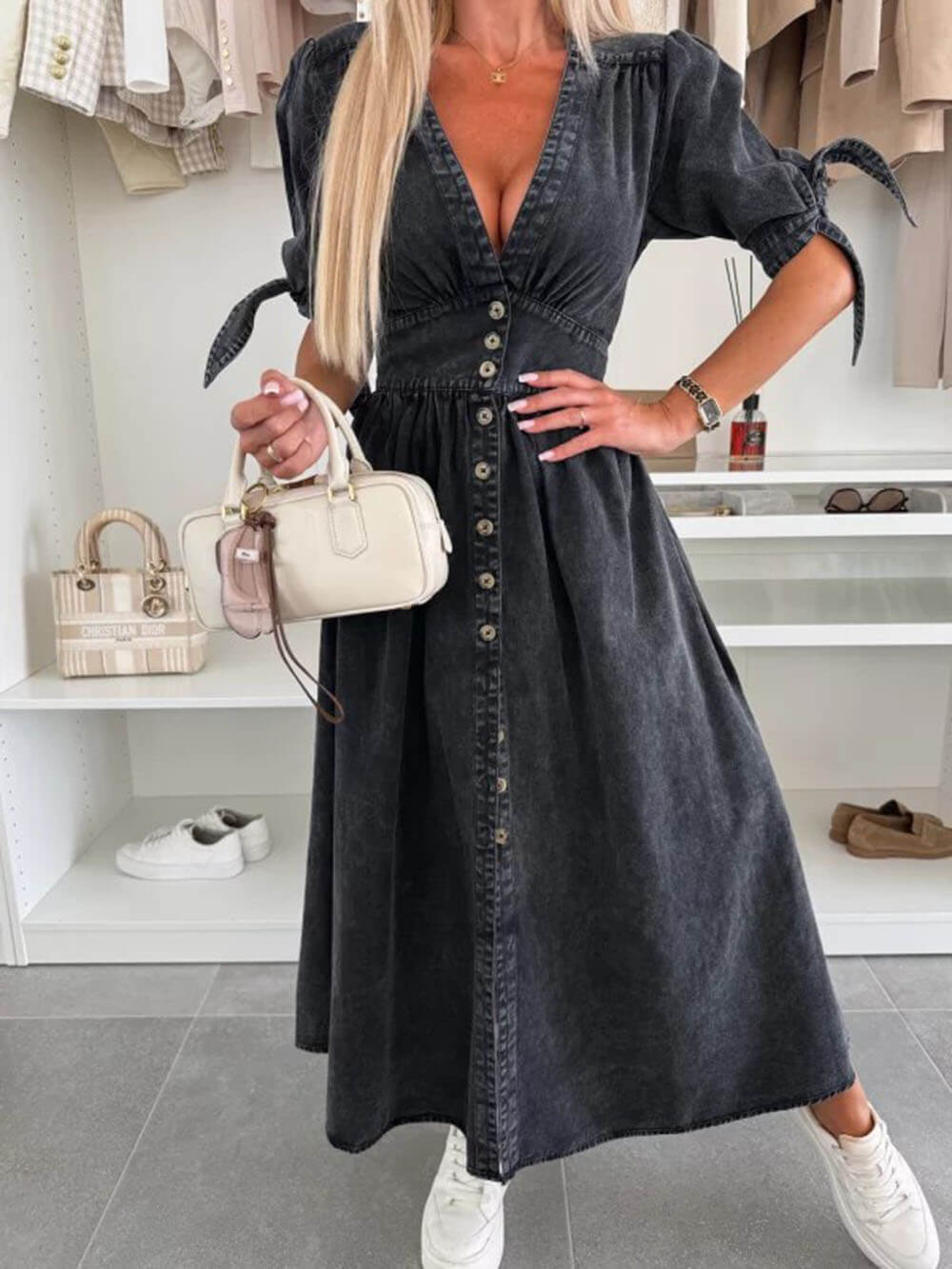 Unique Pleats Solid Color V-Neck Button-Down Denim Midi Dress
