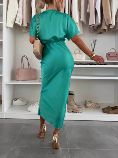 Graceful Satin Solid Color V-neck Cross Knot Slim Maxi Dress