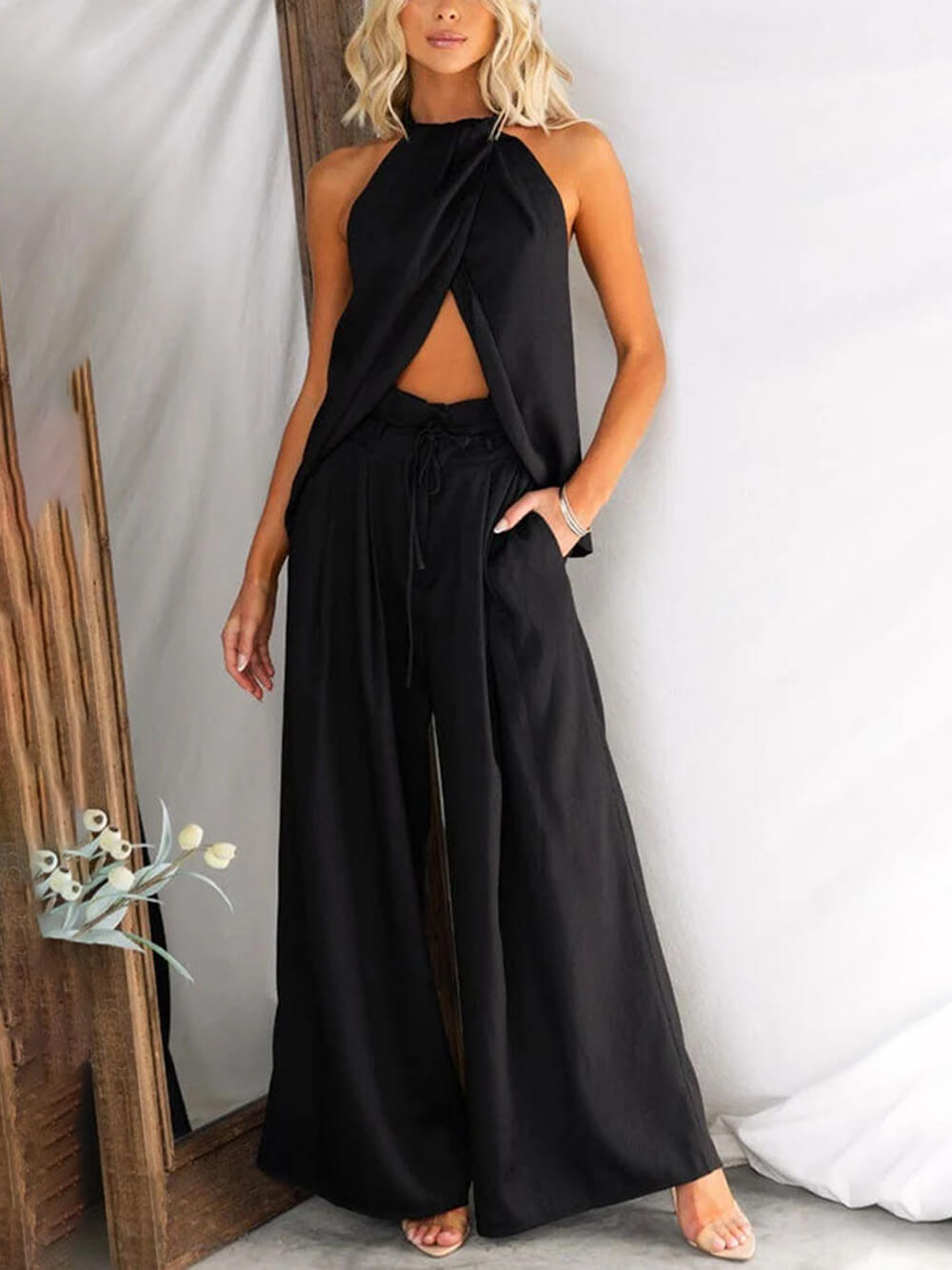 Unique Gette Linen Blend Slit Front Top and High Rise Knoted Pocket Wide Leg Pants Set
