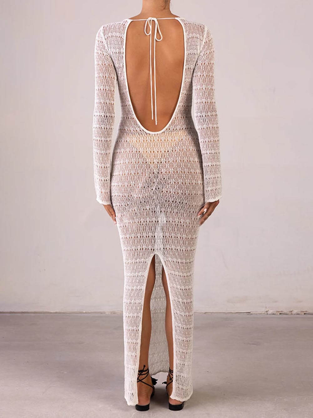 Retro Knit Contrast Spiral Trim Cutout Long Sleeve Vacation Maxi Dress