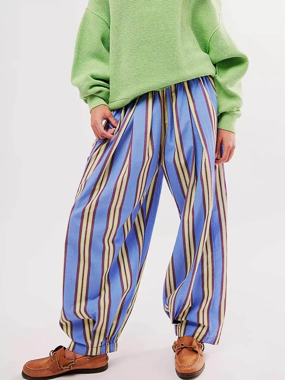 Classic Stripe Print Elastic Cuff Carrot Pants