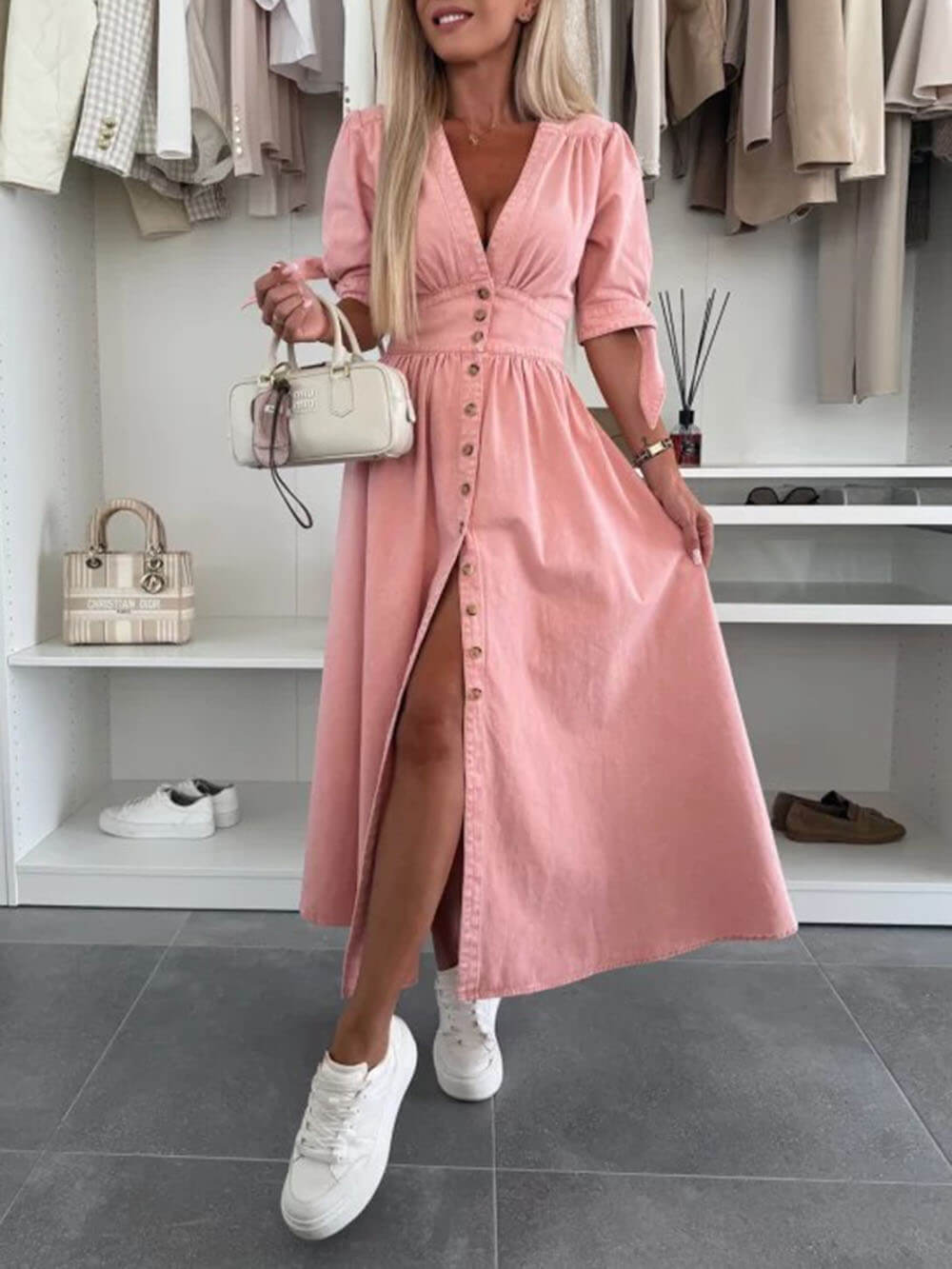 Unique Pleats Solid Color V-Neck Button-Down Denim Midi Dress