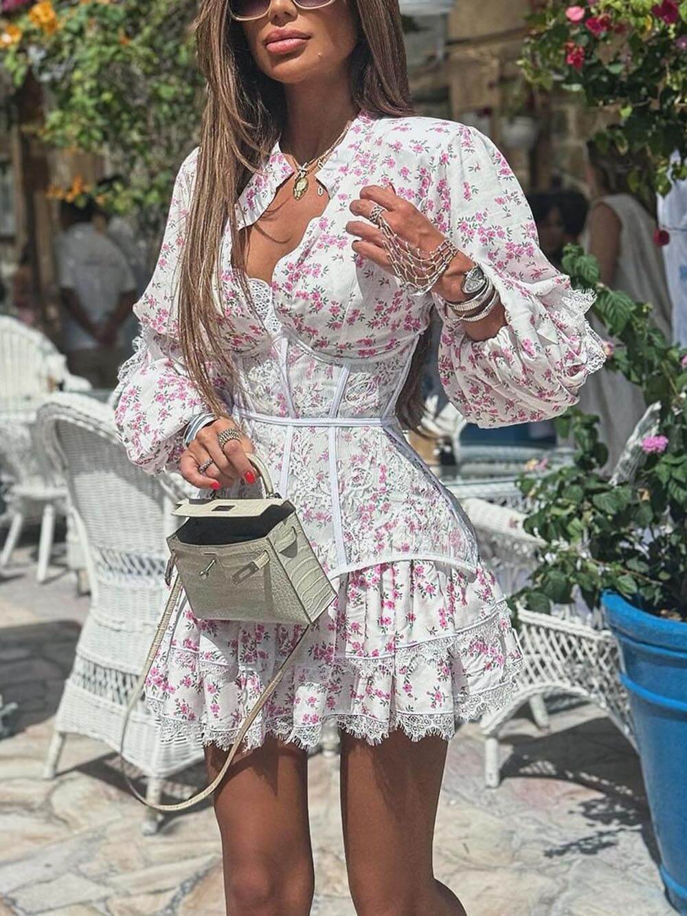 Sweet Floral Print Waisted Long Sleeve Lace Mini Dress