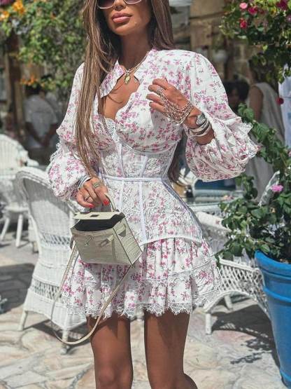 Sweet Floral Print Waisted Long Sleeve Lace Mini Dress
