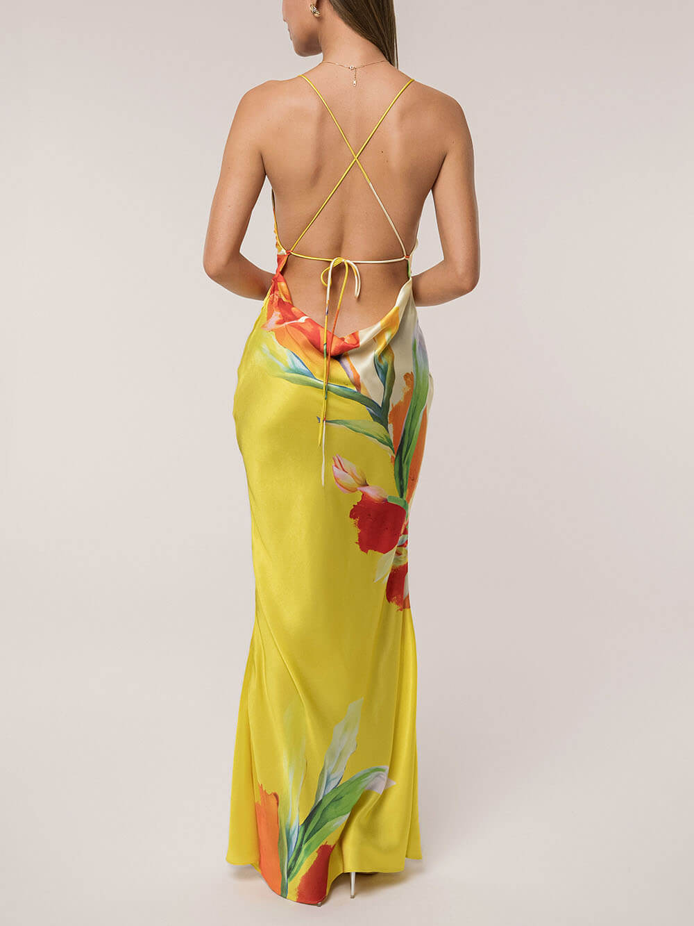 Elegant Satin Floral Print Cowl Neck Sexy Open Back Tie-up Maxi Dress