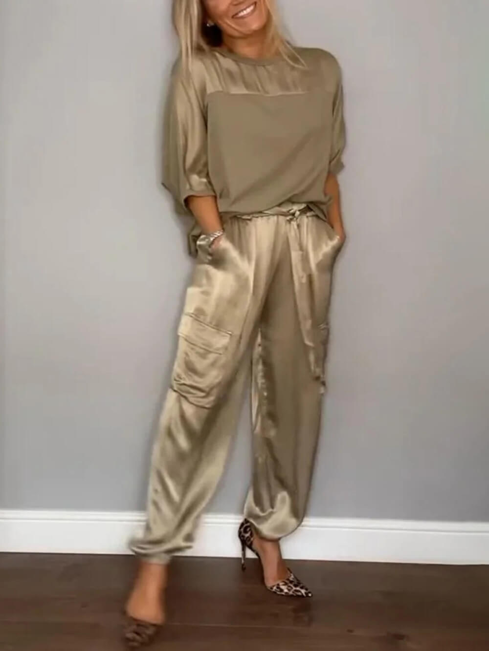 Smooth Satin Half-sleeved Top and Pant Suit Two-Piece