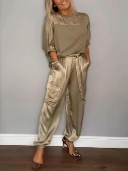 Smooth Satin Half-sleeved Top and Pant Suit Two-Piece