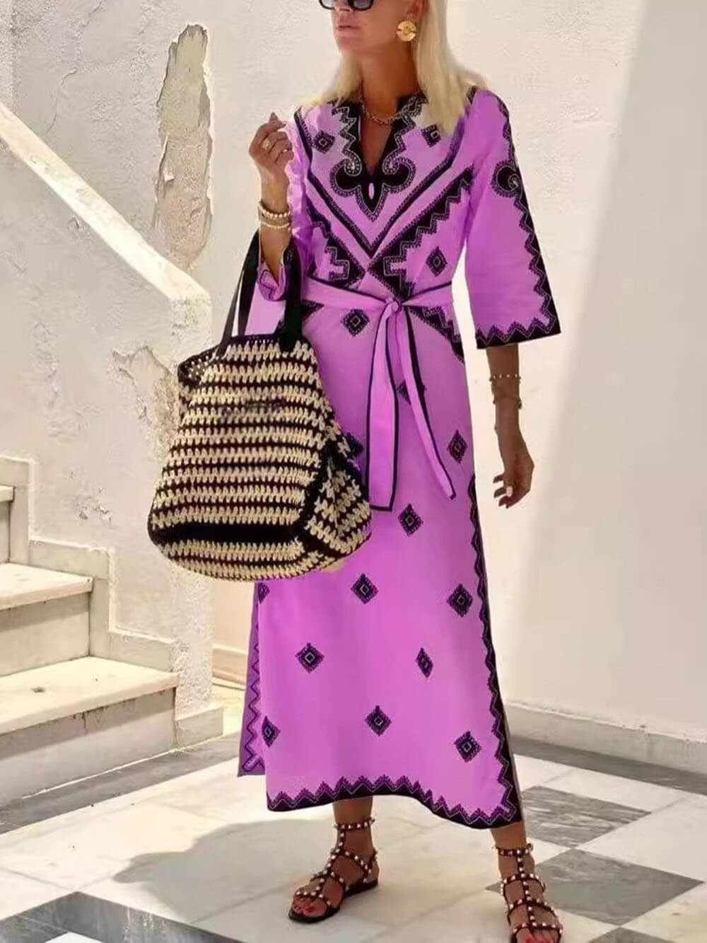 Bohemian Style Unique Print Belted Midi Dress