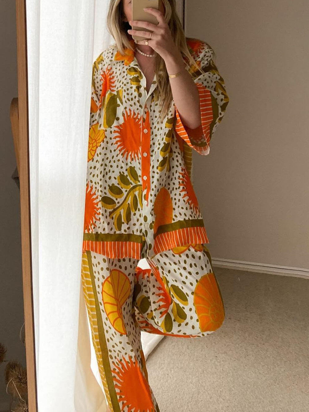 Casual Unique Satin Sun Print Loose Button Down Oversized Shirt