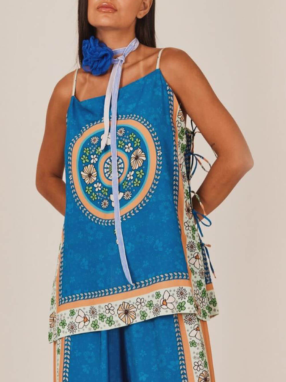 Classic Unique Floral Print Lace-Up Camisole Tops