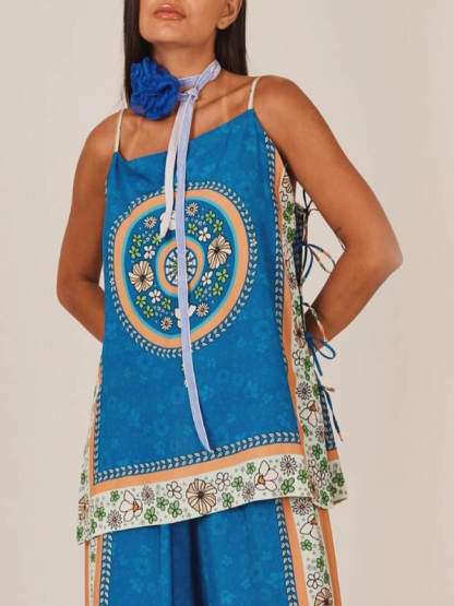 Classic Unique Floral Print Lace-Up Camisole Tops