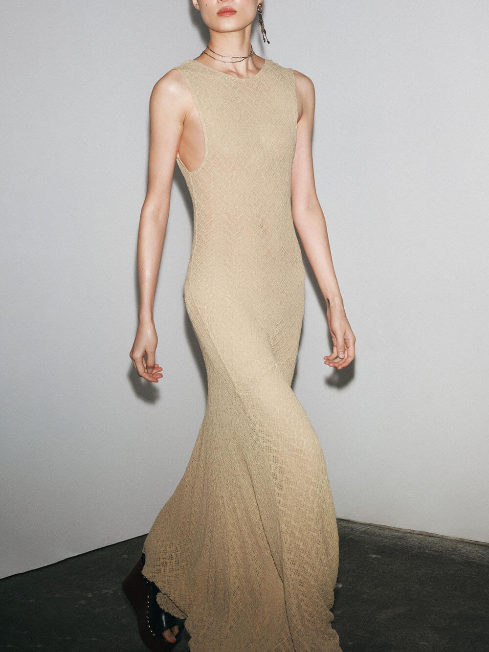 Elegant Lace Hook Open Back Asymmetric Hem Flared Waist Maxi Dress