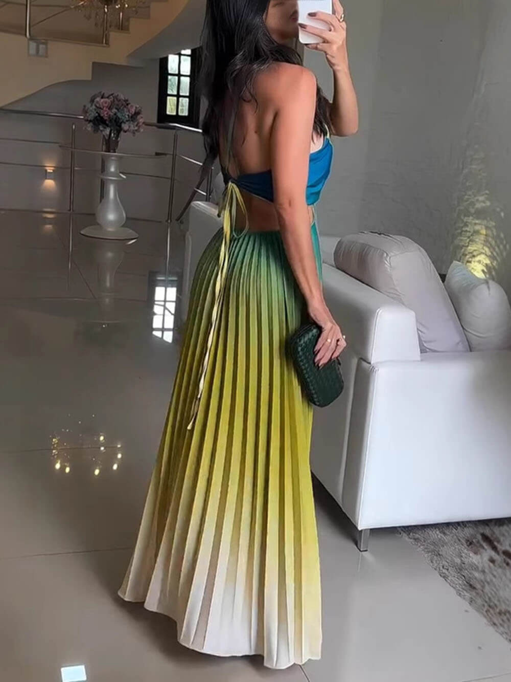 Exquisite Sleeveless Pleated Open Back Ombre Printed Maxi Dress