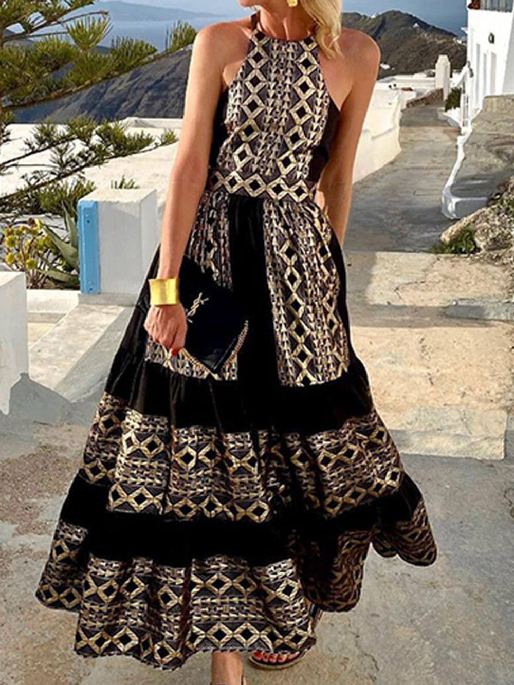 Bohemian Print Fashionable Loose Off-Shoulder Maxi Dress