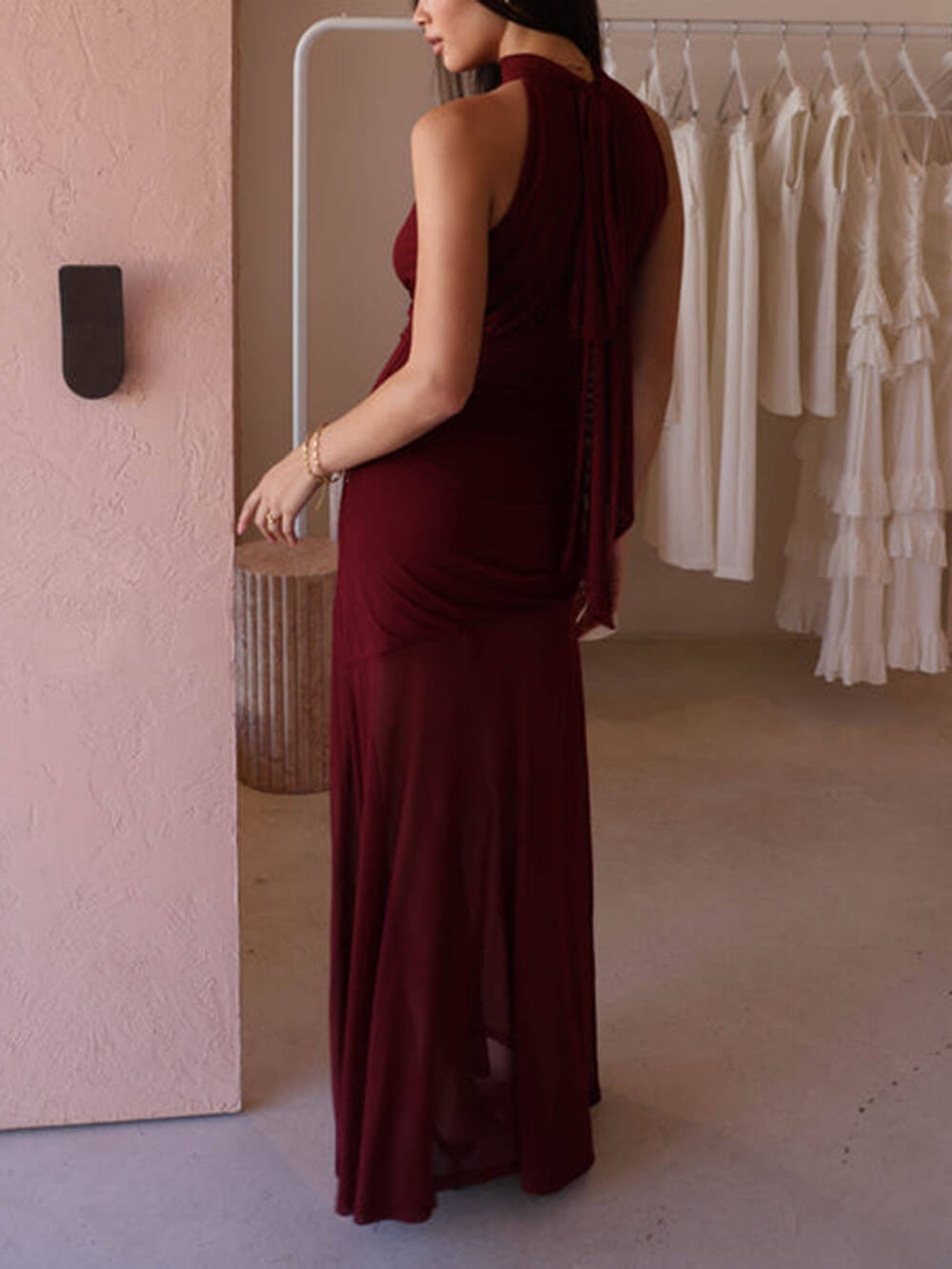 Fresh Style Mesh Paneled Pleated Bow Tie Maxi Dress