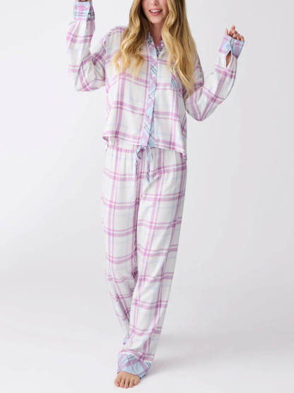 Casual Plaid Printed Shirt Lace-up Pants Pajama Set