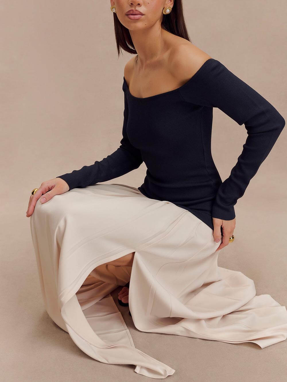 Elegant Two-Tone Stitching Slit Off-Shoulder Maxi Dress