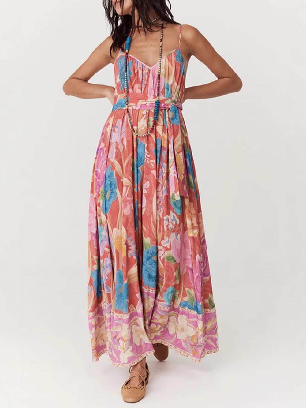 Casual Positioning Print Suspender Maxi Dress