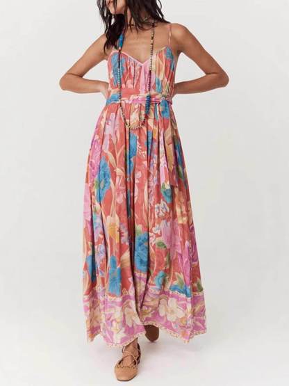 Casual Positioning Print Suspender Maxi Dress