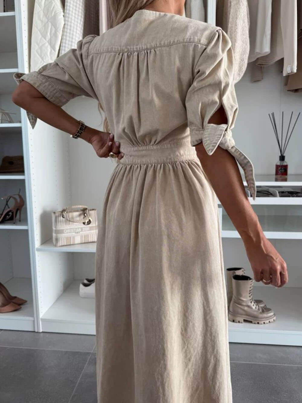 Unique Pleats Solid Color V-Neck Button-Down Denim Midi Dress