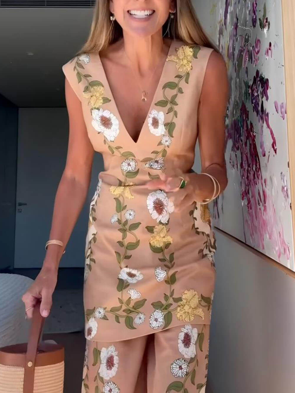 Chic Perfect Style Linen Blend Floral Elastic Waist Flare Pants