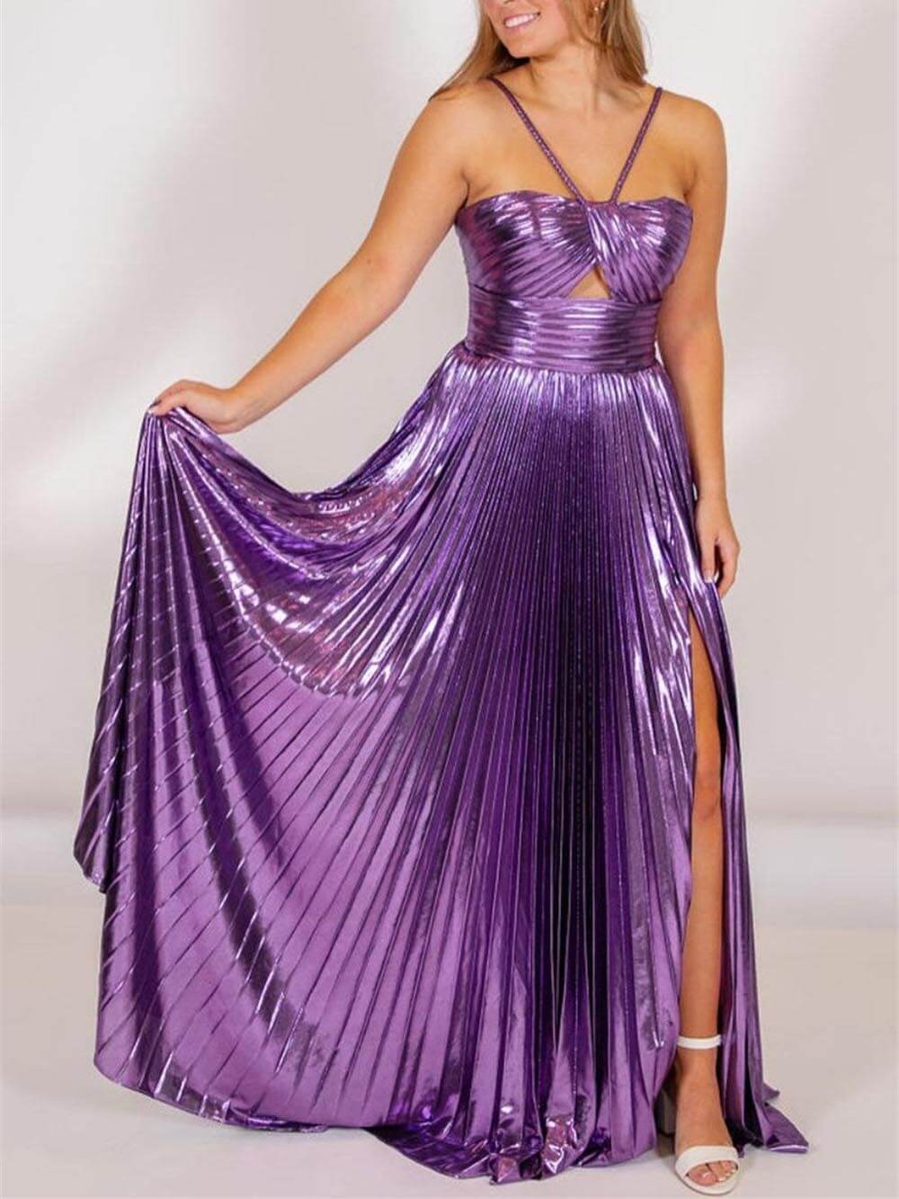 Elegant Queen Style Metallic Fabric Cross Neck Cutout Slit Pleated Maxi Dress