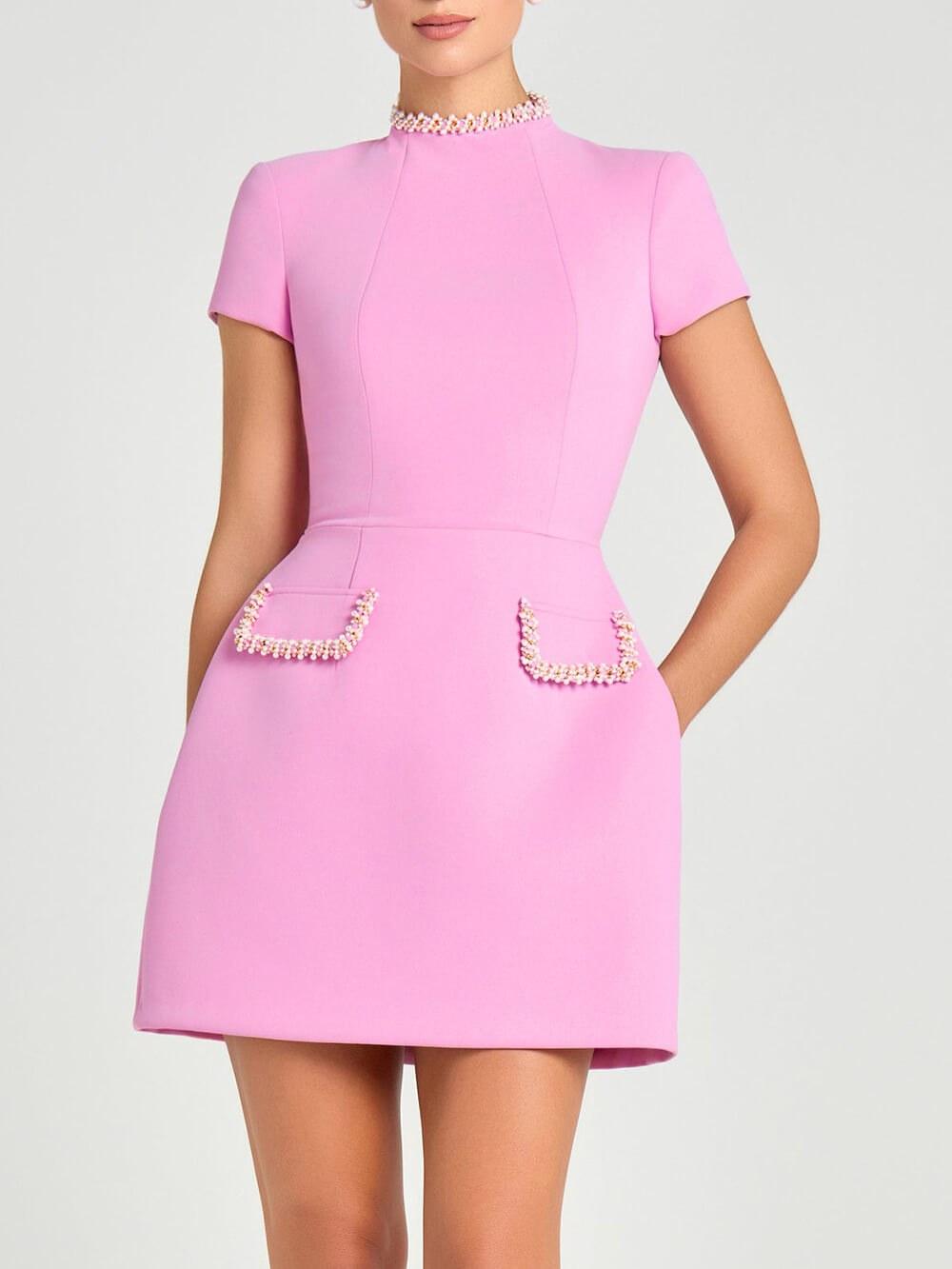 Elegant and Sweet Scent Pearl Trim Short Sleeve Pocketed Mini Dress