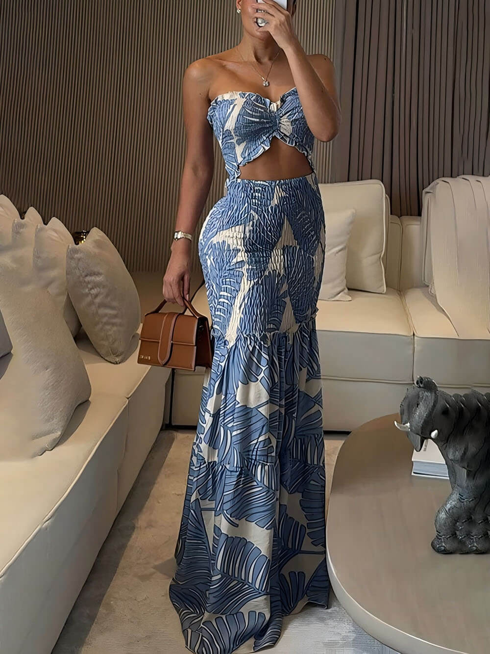 Exquisite Floral Smocked Cutout Halter Fishtail Stretch Maxi Dress