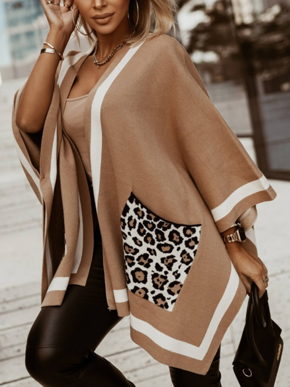 Unique Color Block Leopard Pocket Oversized Cape Sweater Cardigan