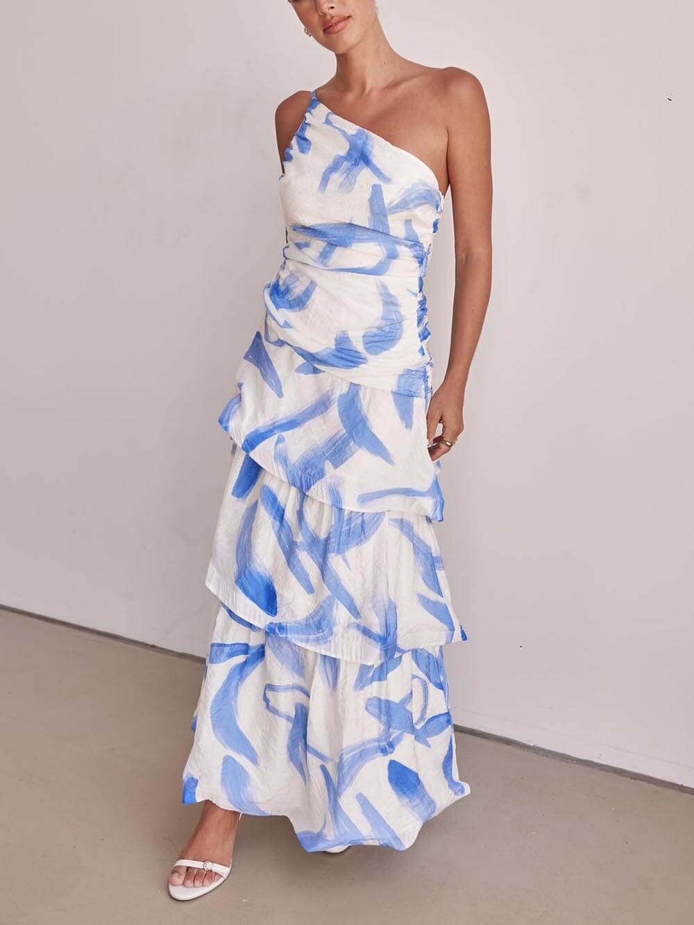 Unique Pleated Asymmetric Neckline Print Maxi Dress