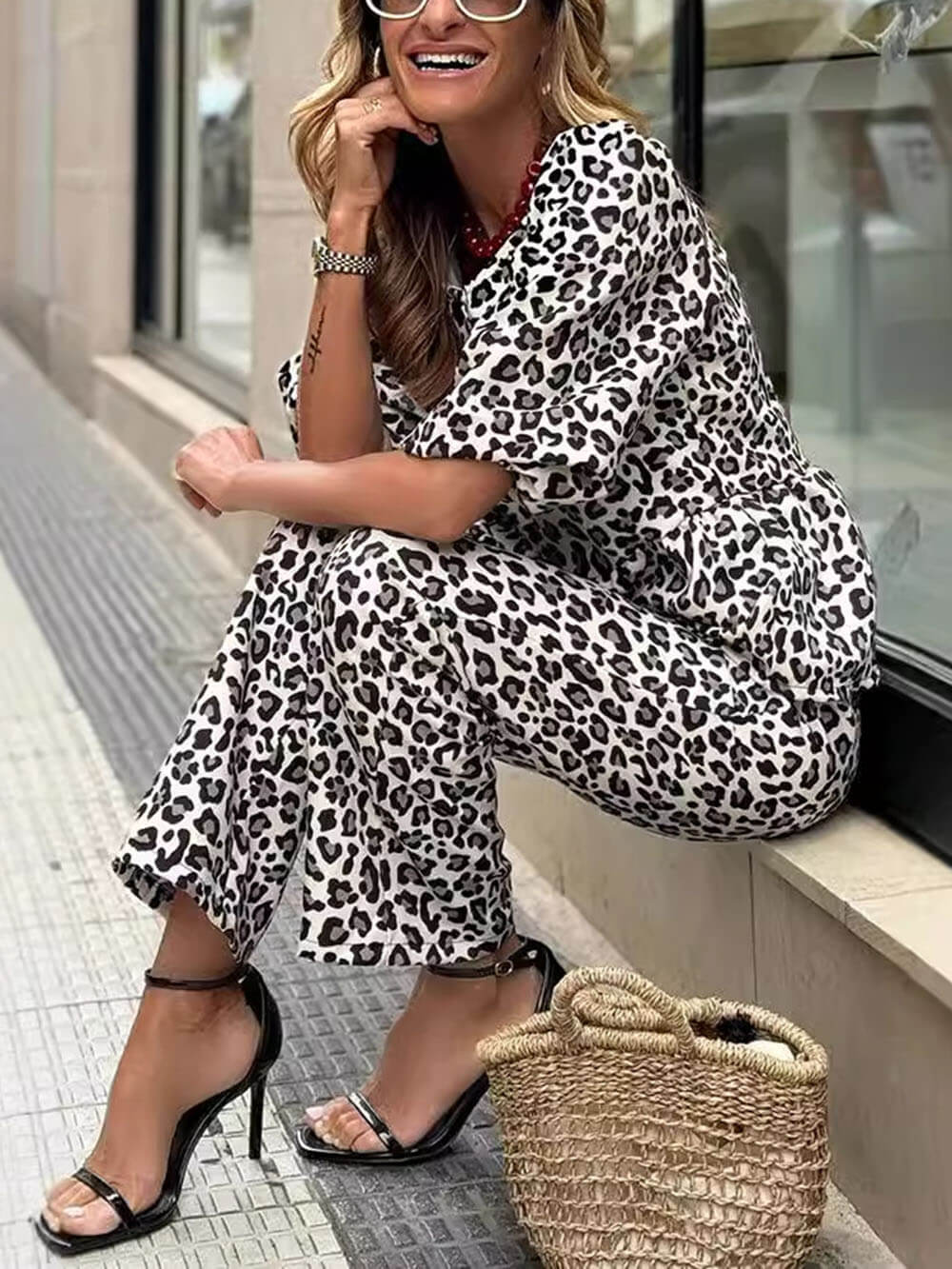 Casual Leopard Print Top And Pants Set