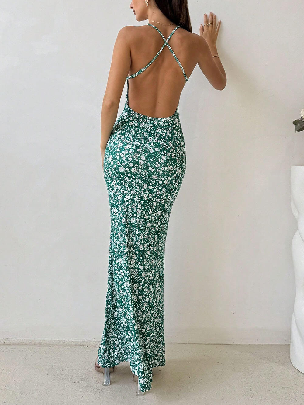 Sweet And Fresh Halter Back Floral Print Holiday Style Maxi Dress