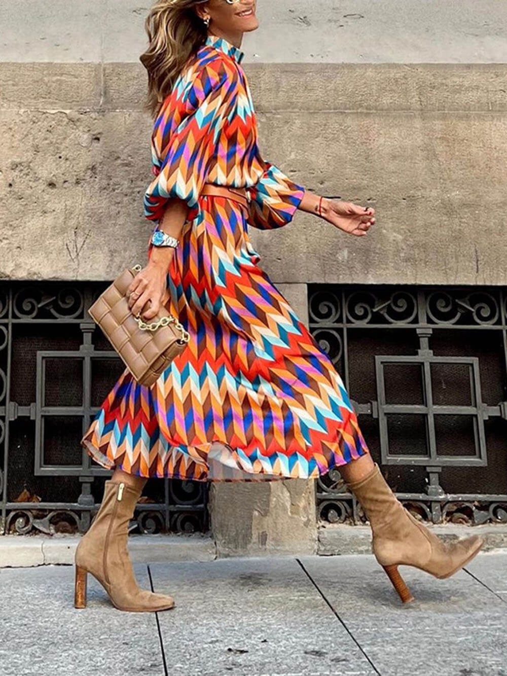 Fashionable And Unique Rainbow Print Stand Collar Long Sleeve Midi Dress