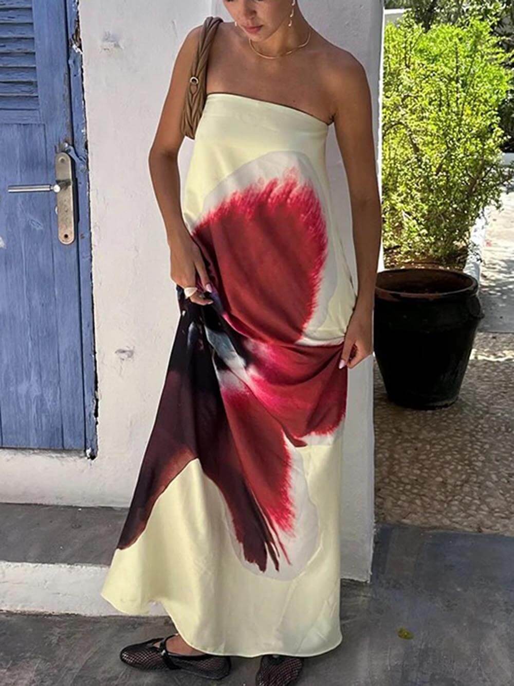 Elegant Floral Print Sexy Strapless Backless Maxi Dress