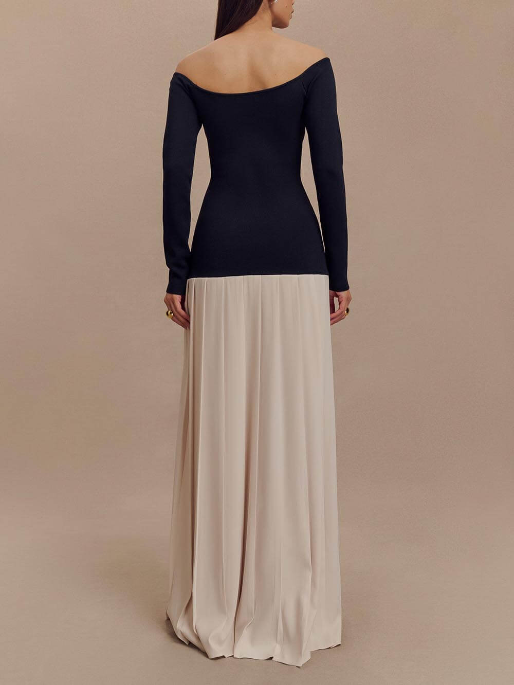 Elegant Two-Tone Stitching Slit Off-Shoulder Maxi Dress