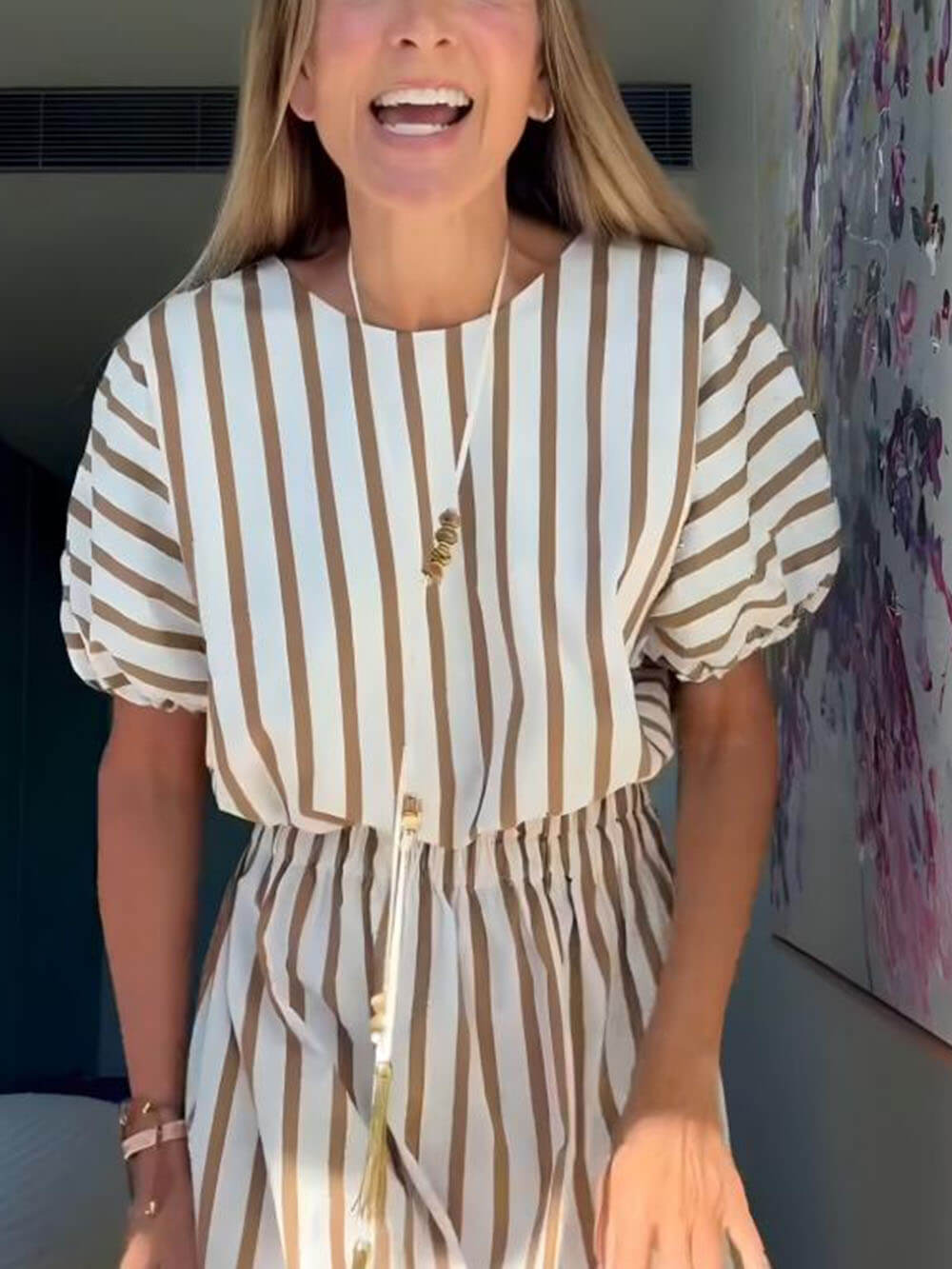 Exquisite Unique Striped Print Drawstring Loose Tops