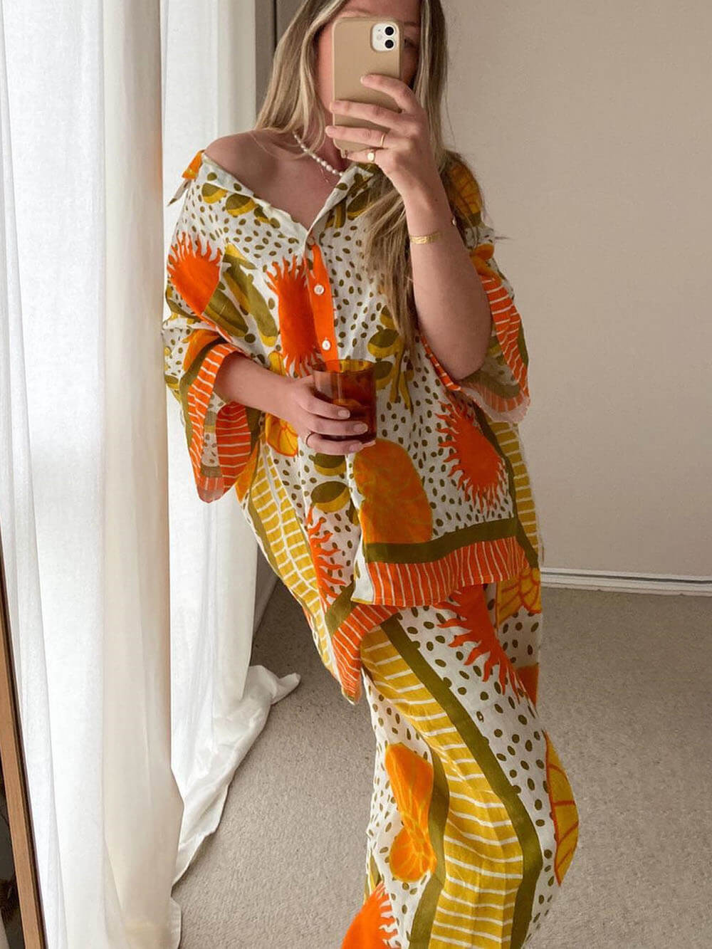 Casual Unique Satin Sun Print Loose Button Down Oversized Shirt