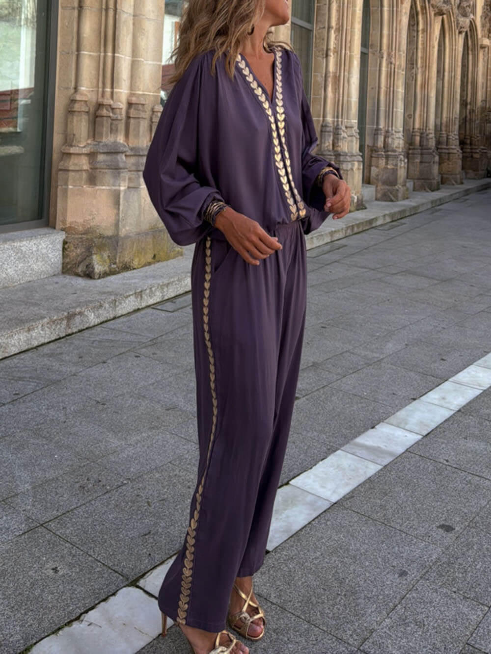 Modern Feel Unique Gold Trim And Elastic Cuffs V-Neck Top