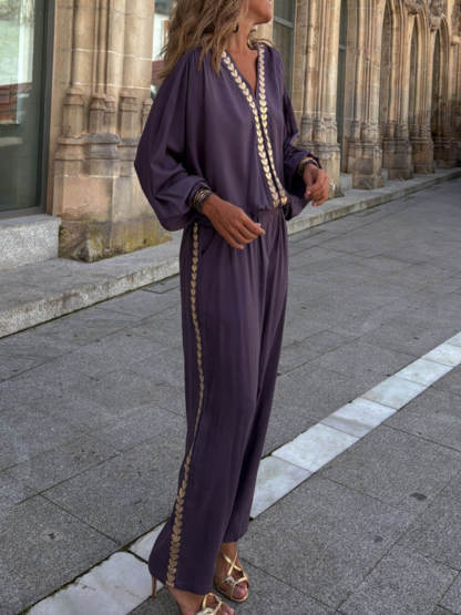 Modern Feel Unique Gold Trim Stitching Elastic Waistband Pocket Straight Pants