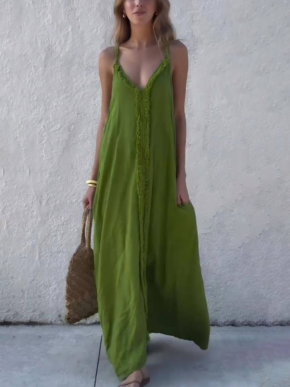 Modern Unique Lace Decoration V-Neck Suspender Maxi Dress