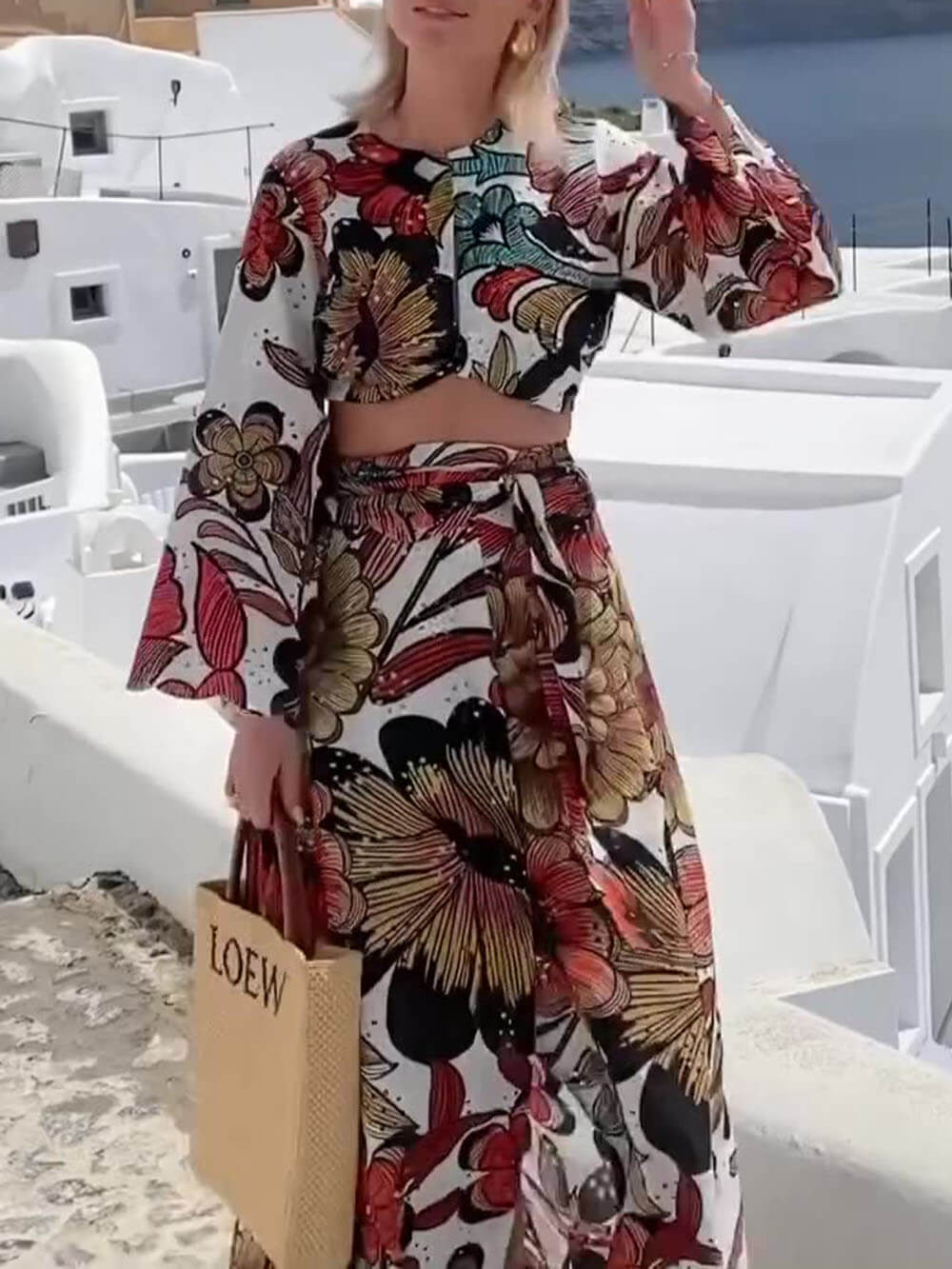 Unique Colorful Print Navel-Baring Lace-Up Maxi Dress