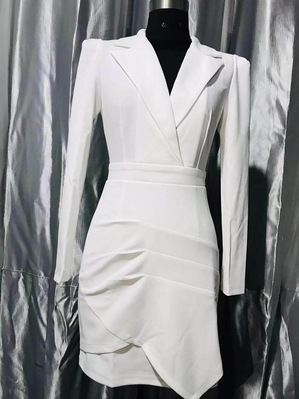 Classic Irregular Pleated Slim-Fit Suit Collar Mini Dress (Without Belt)