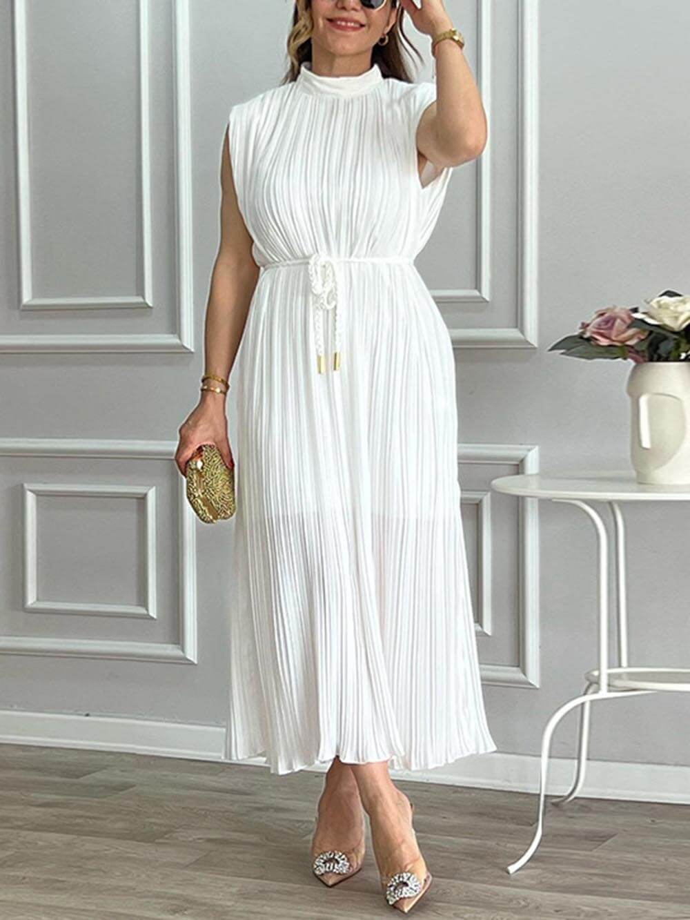 Elegant Pleated Half-High Collar Tie Midi Dress