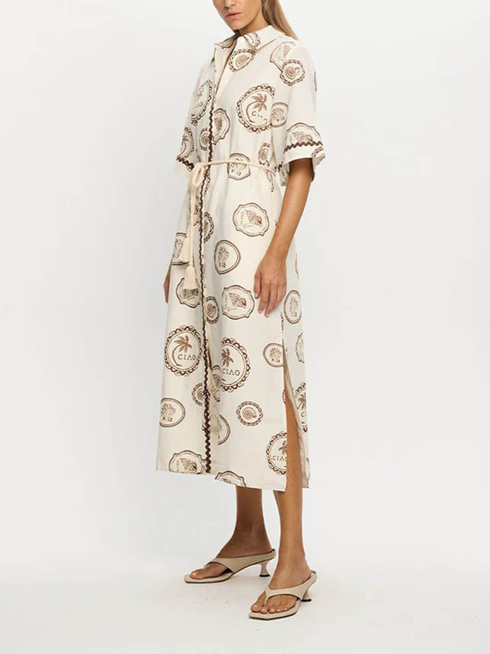 Modern Feel Linen Unique Ocean Print Cardigan Button Midi Dress