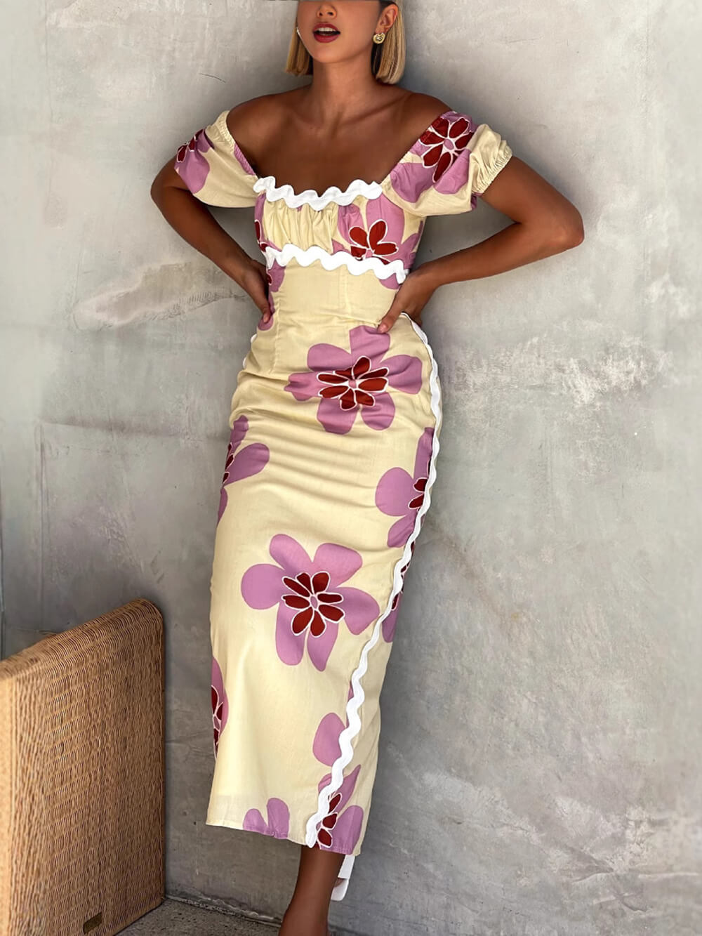 Casual Summer Linen Floral Print Midi Dress