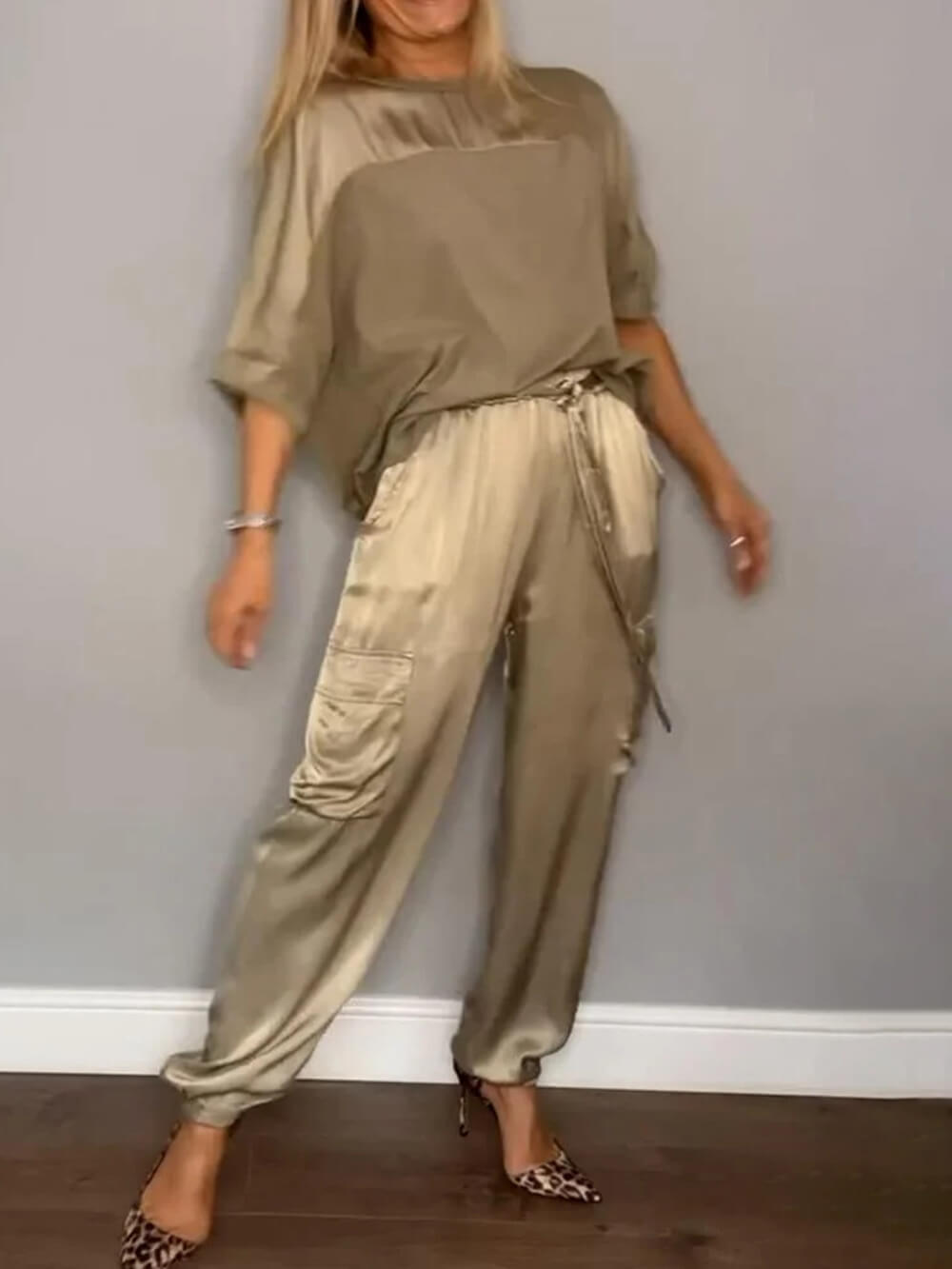 Smooth Satin Half-sleeved Top and Pant Suit Two-Piece